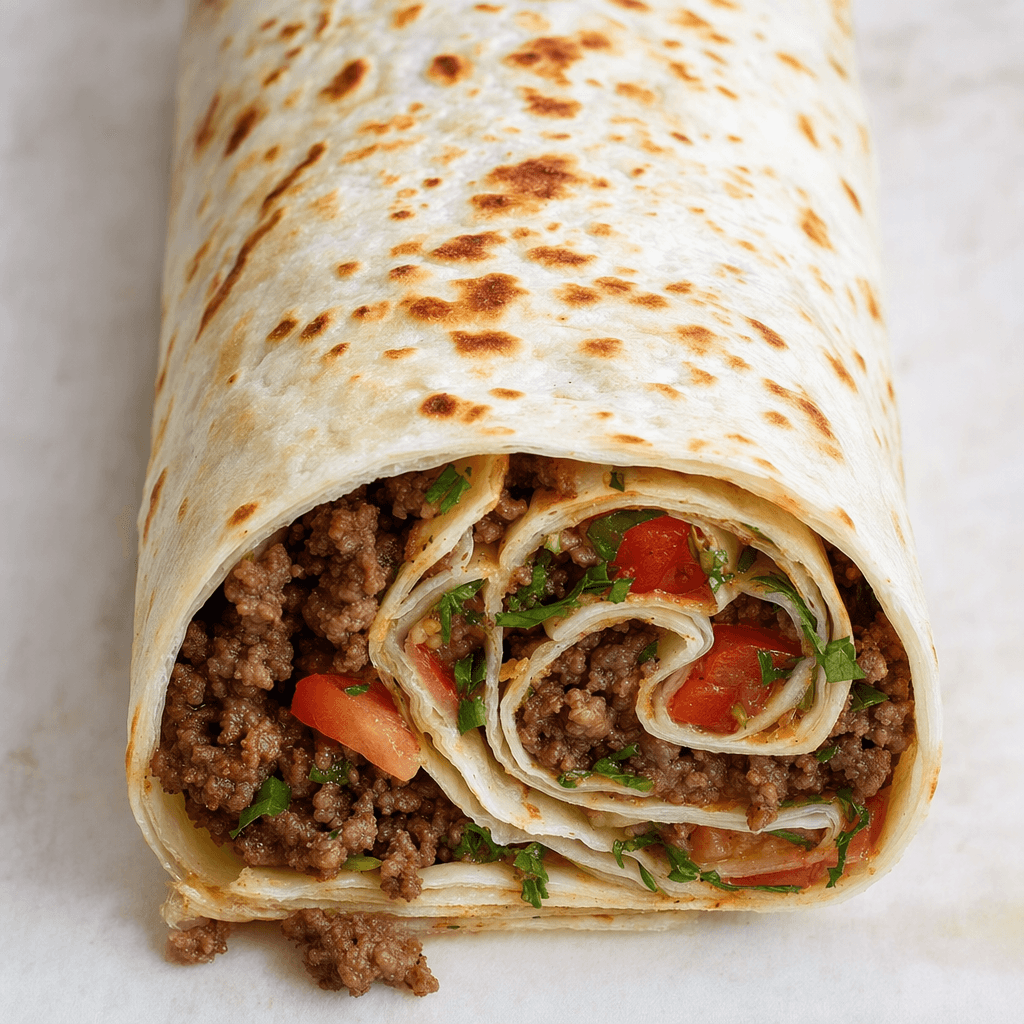A long, tightly rolled thin flatbread with scattered toasted brown spots, sliced at one end to reveal browned minced meat, red tomato and green herbs inside.