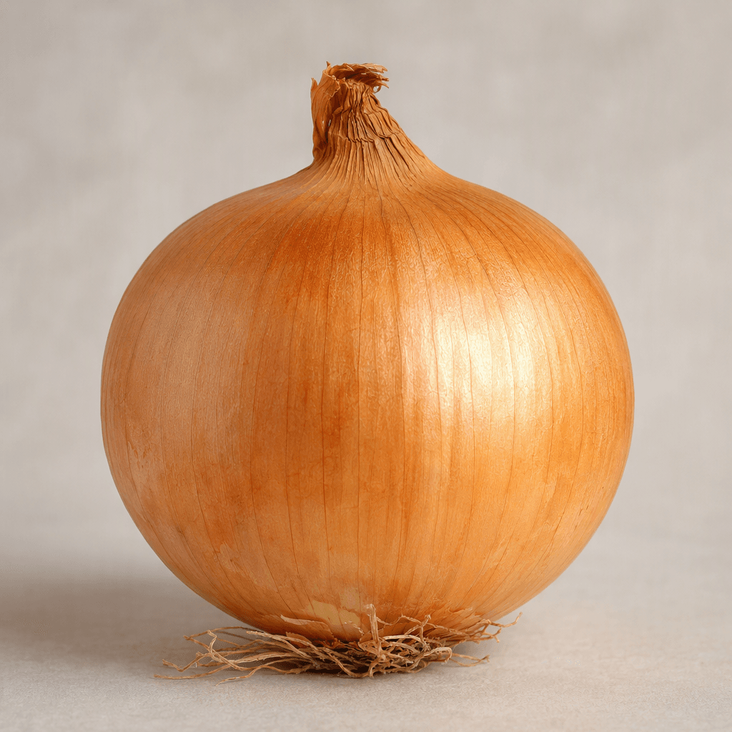 A round onion with dry, papery golden-brown outer skin, a tapered neck, and a small tuft of brittle roots at the base.