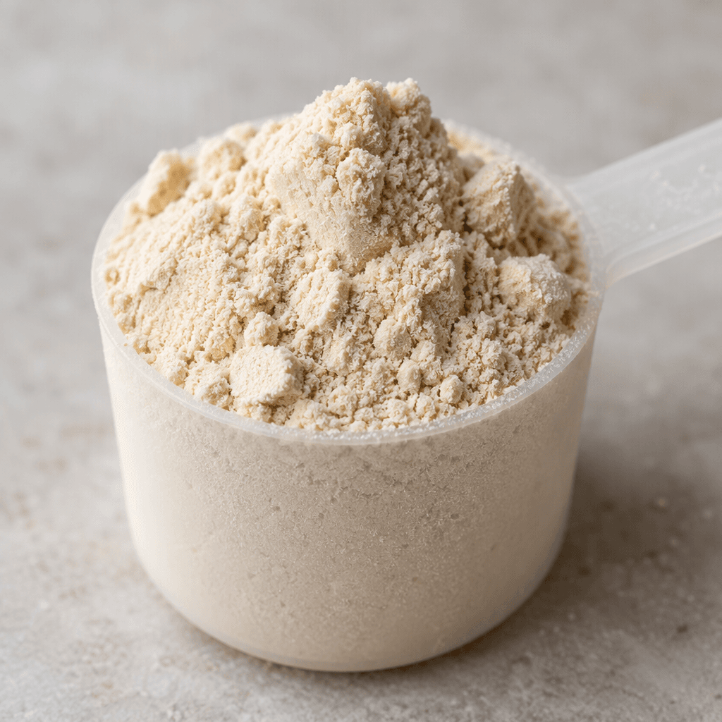 A small mound of fine, pale beige protein powder sits in a single scoop, with a soft, slightly clumpy texture.