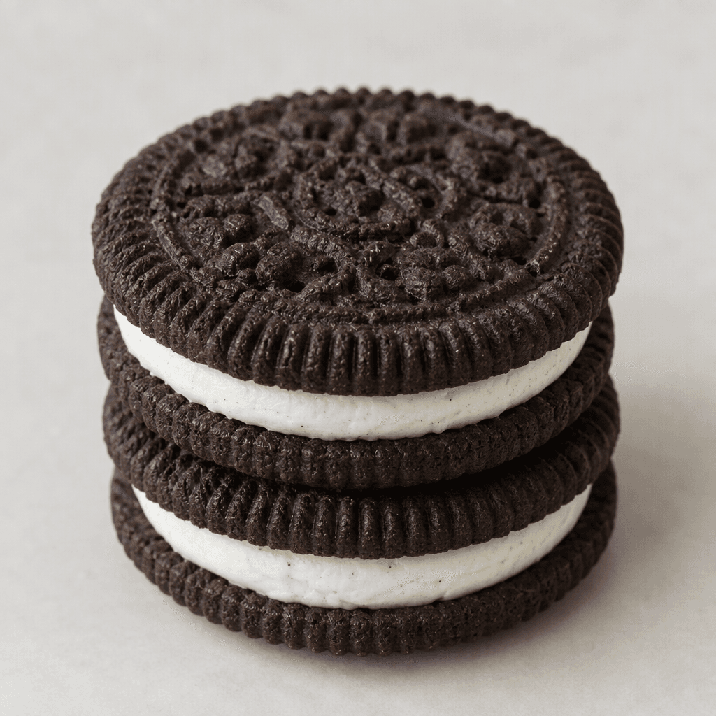 Two dark brown, nearly black, round cookies with a ridged edge and embossed surface are stacked with a thick white cream layer visible between them.