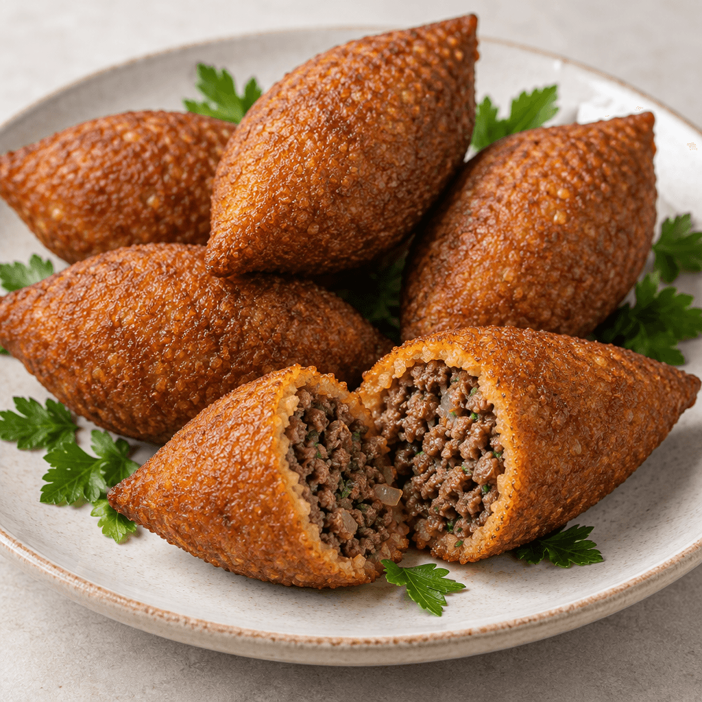 Several golden-brown, elongated bulgur shells are arranged on a plate, with one cut open to reveal a compact, dark minced-meat filling.