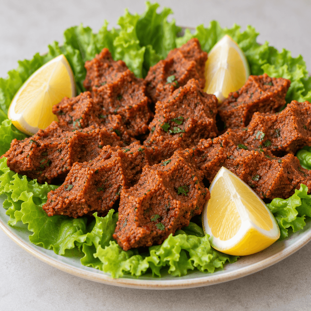Small, ridged portions of finely ground bulgur mixed with tomato and pepper paste and spices are arranged on green lettuce leaves, with lemon wedges beside them.