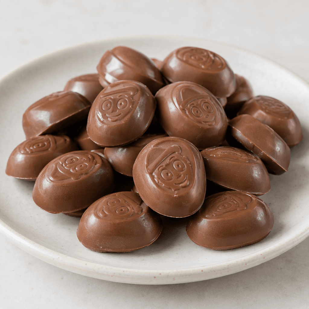 Small, smooth, light-brown milk-chocolate pieces with a gently glossy surface are arranged on a plate.