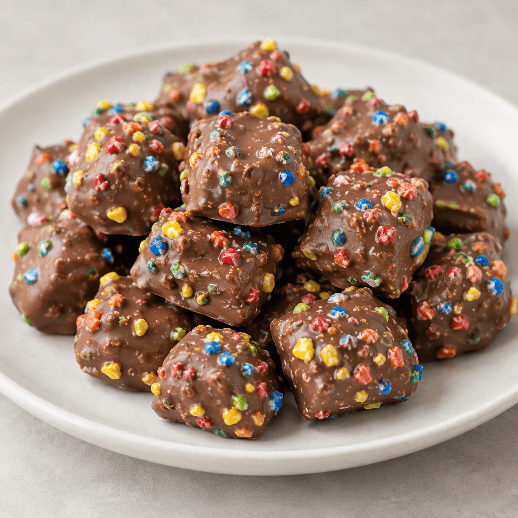 Small, chunky milk-chocolate pieces with a smooth, glossy brown coating and scattered brightly coloured crisp bits across the surface, shown together on a plate.