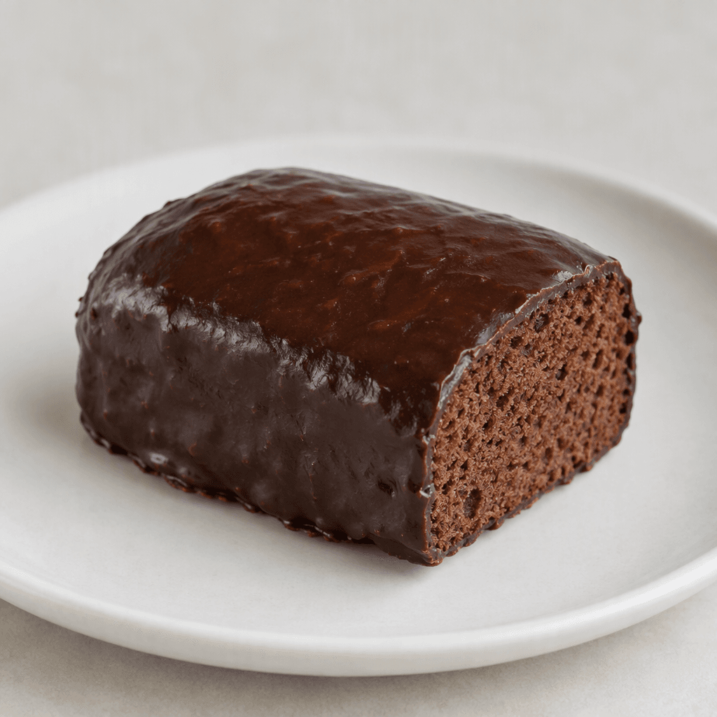 A small, rounded rectangular chocolate cake with a dark, slightly glossy coating and a soft-looking cocoa-brown interior visible at the cut edge, served on a plain plate.