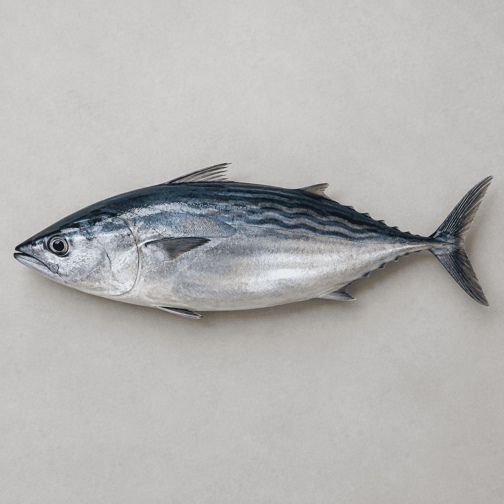 A whole bonito fish with a streamlined, torpedo-shaped body, a dark blue-green back, silvery sides and belly, and several narrow, wavy black stripes along its upper sides, presented on a plain surface.
