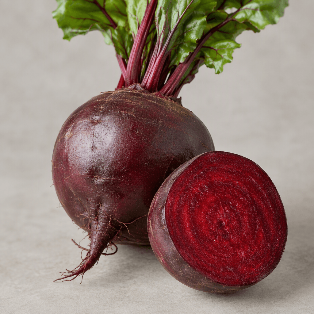 A round to slightly flattened root with smooth deep burgundy-purple skin, sometimes bearing short thin stems and leafy greens, and a dense crimson interior visible where it is cut.