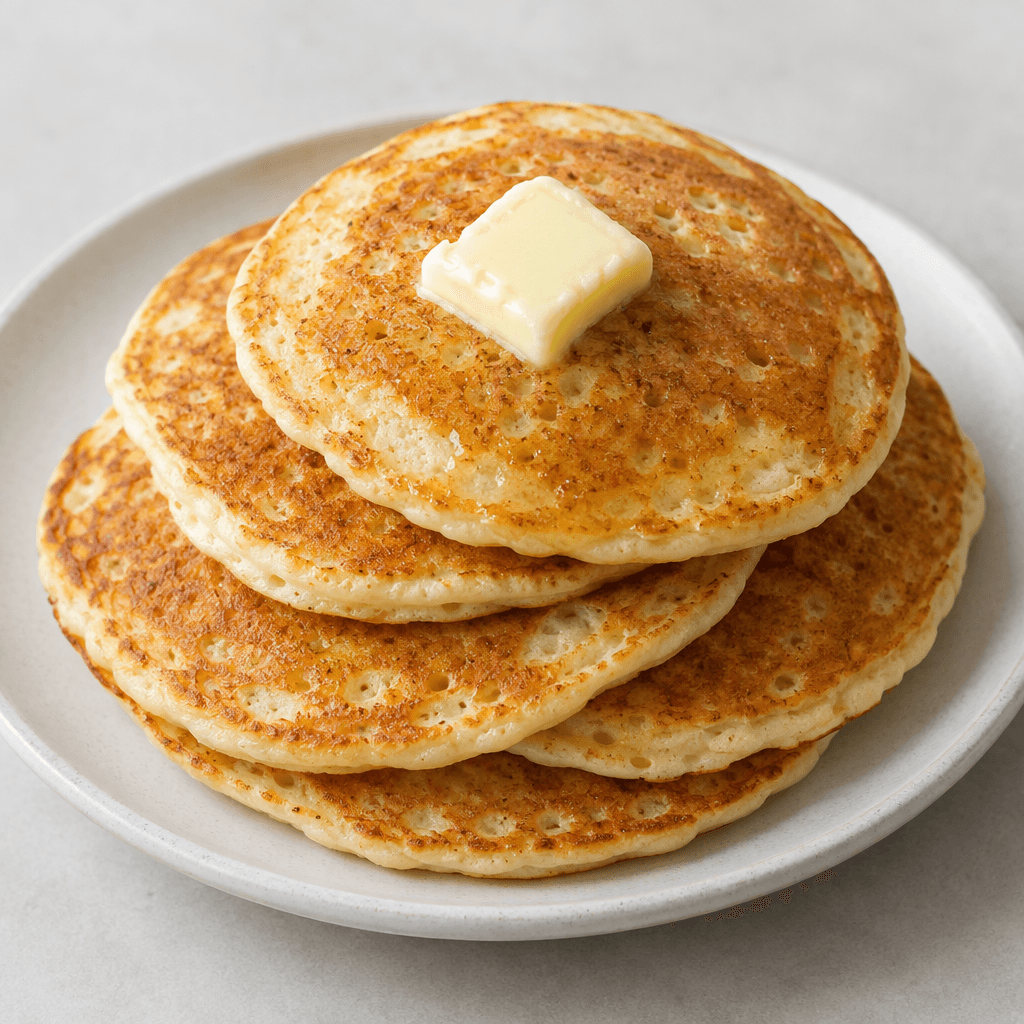 A stack of round, palm-sized golden-brown pancakes with softly puffed, porous surfaces and lightly browned edges, served overlapping on a plate with a small pat of butter on top.