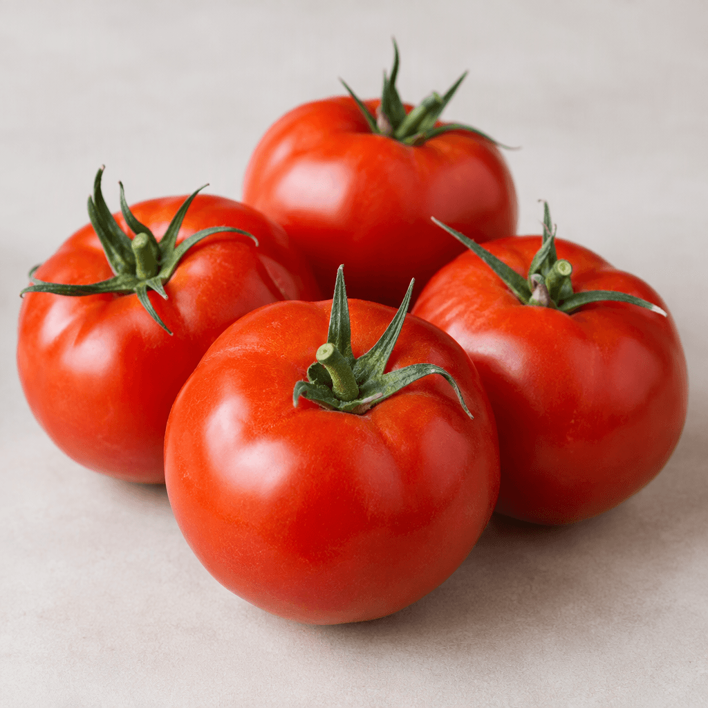 Several ripe tomatoes with smooth, glossy red skins, rounded slightly irregular shapes, green leafy stems, and firm, plump surfaces are arranged on a plain surface.