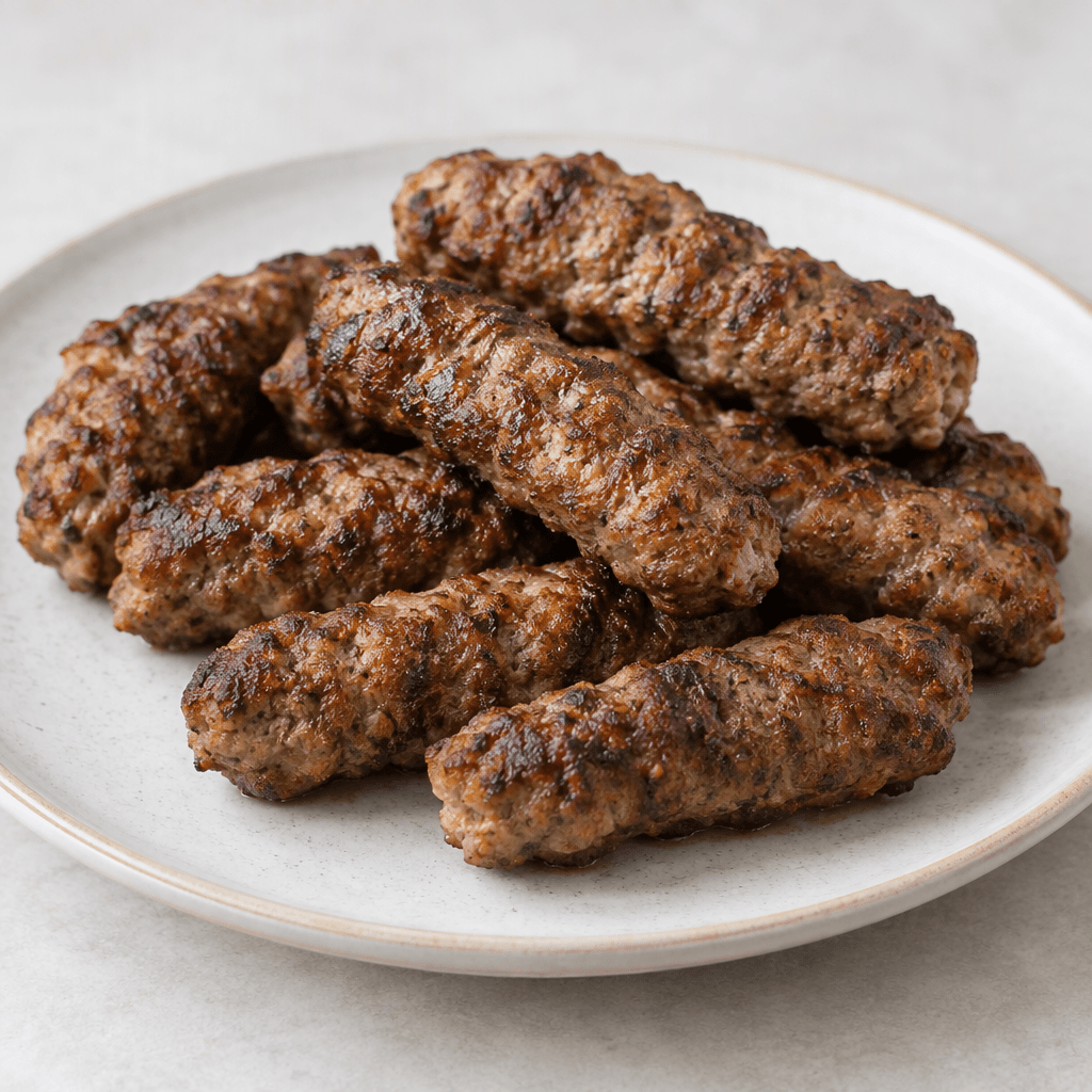 Several short, finger-shaped minced-meat kebabs with an uneven, browned exterior and slightly ridged surfaces are arranged on a serving plate.