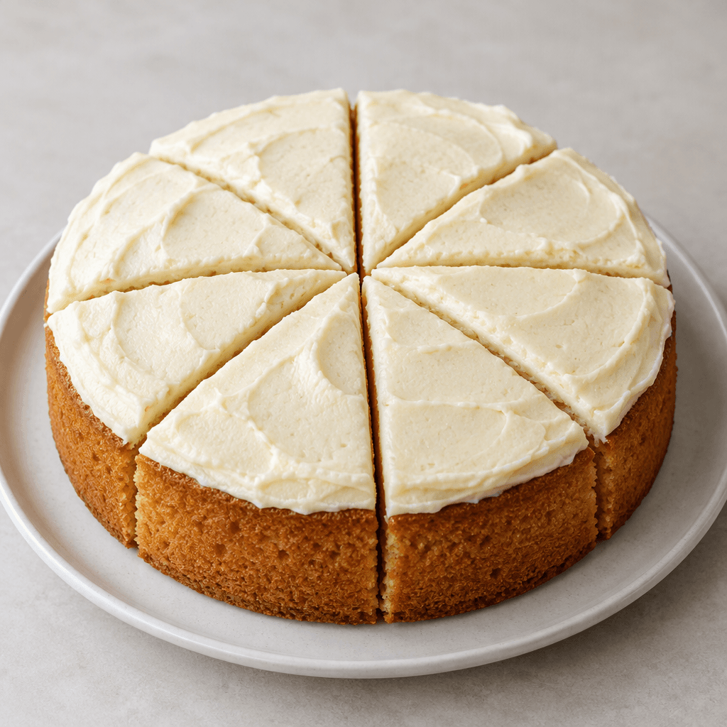 A single round, golden-brown cake with a soft, fine crumb, topped with a smooth layer of pale frosting and cut into neat triangular slices on a simple plate.