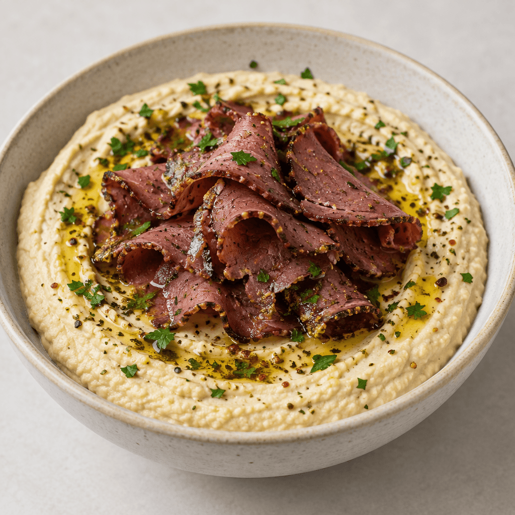 A shallow bowl of smooth, pale beige hummus is topped with thin, folded strips of dark reddish-brown pastrami, with a glossy drizzle of olive oil and a light scattering of green herbs and spices.