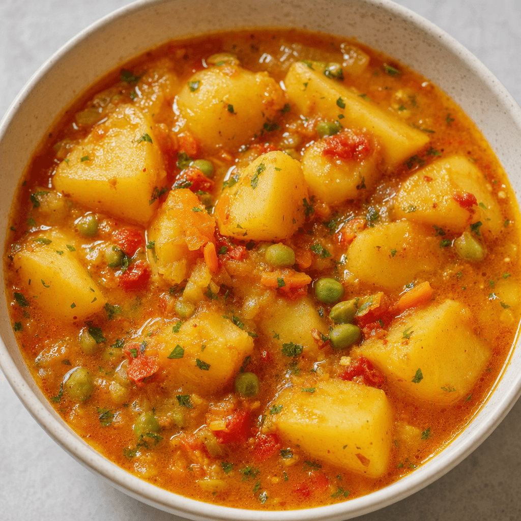 A bowl of chunky potato stew with soft-edged potato pieces and small vegetable bits in a glossy reddish-golden broth, lightly flecked with green herbs.