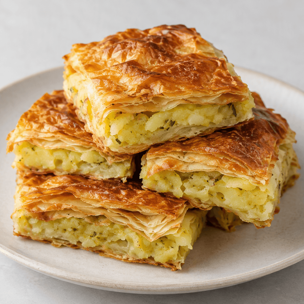 Golden-brown, flaky layered pastry pieces with a soft pale-yellow potato filling visible between the crisp sheets, arranged on a plate.