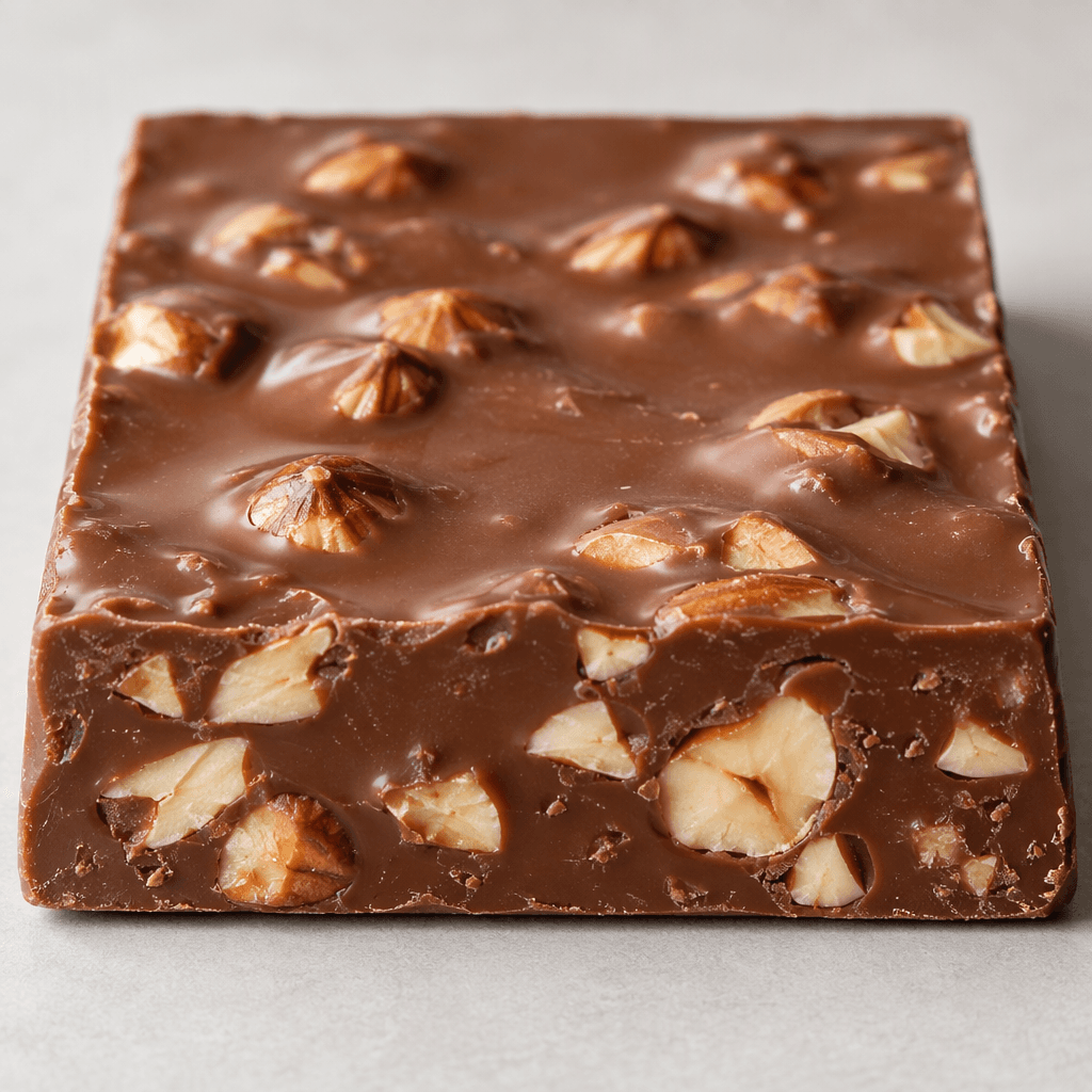 A thick, rectangular milk-chocolate bar with a smooth, glossy brown surface and visible pieces of nuts embedded throughout.