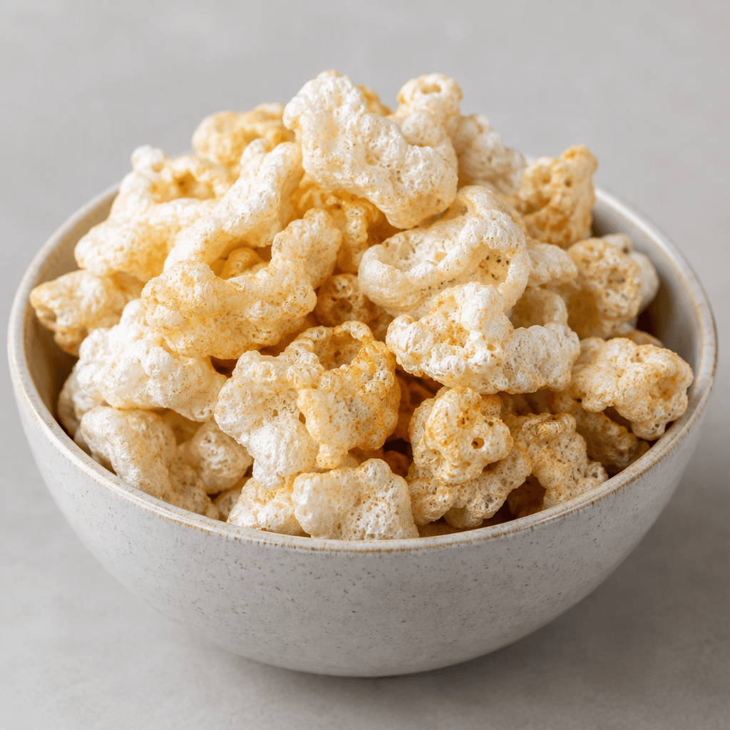 Loose, irregularly shaped puffed grain pieces in white to pale golden tones, with airy, porous, crinkled surfaces, piled in a bowl.