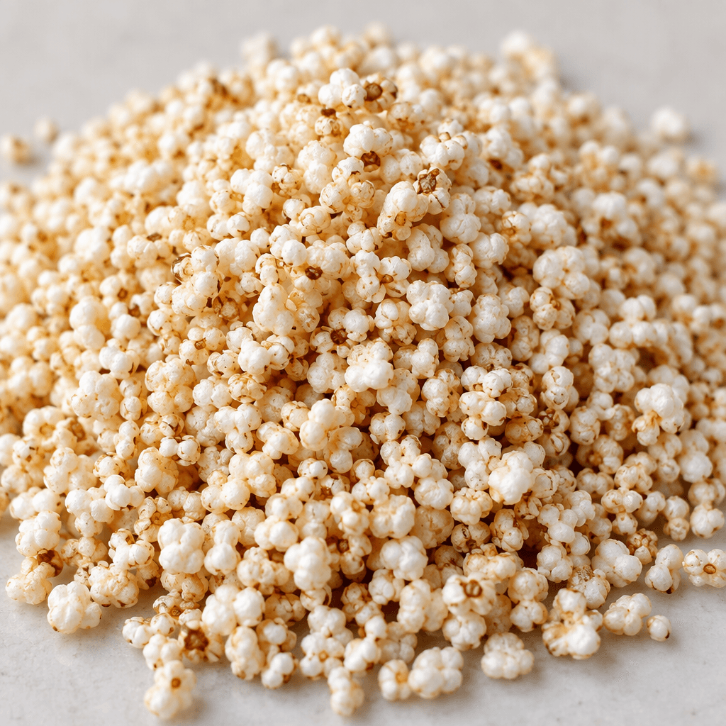 A loose mound of tiny, pale ivory popped amaranth seeds, each a slightly irregular, porous puff with occasional light-brown flecks.