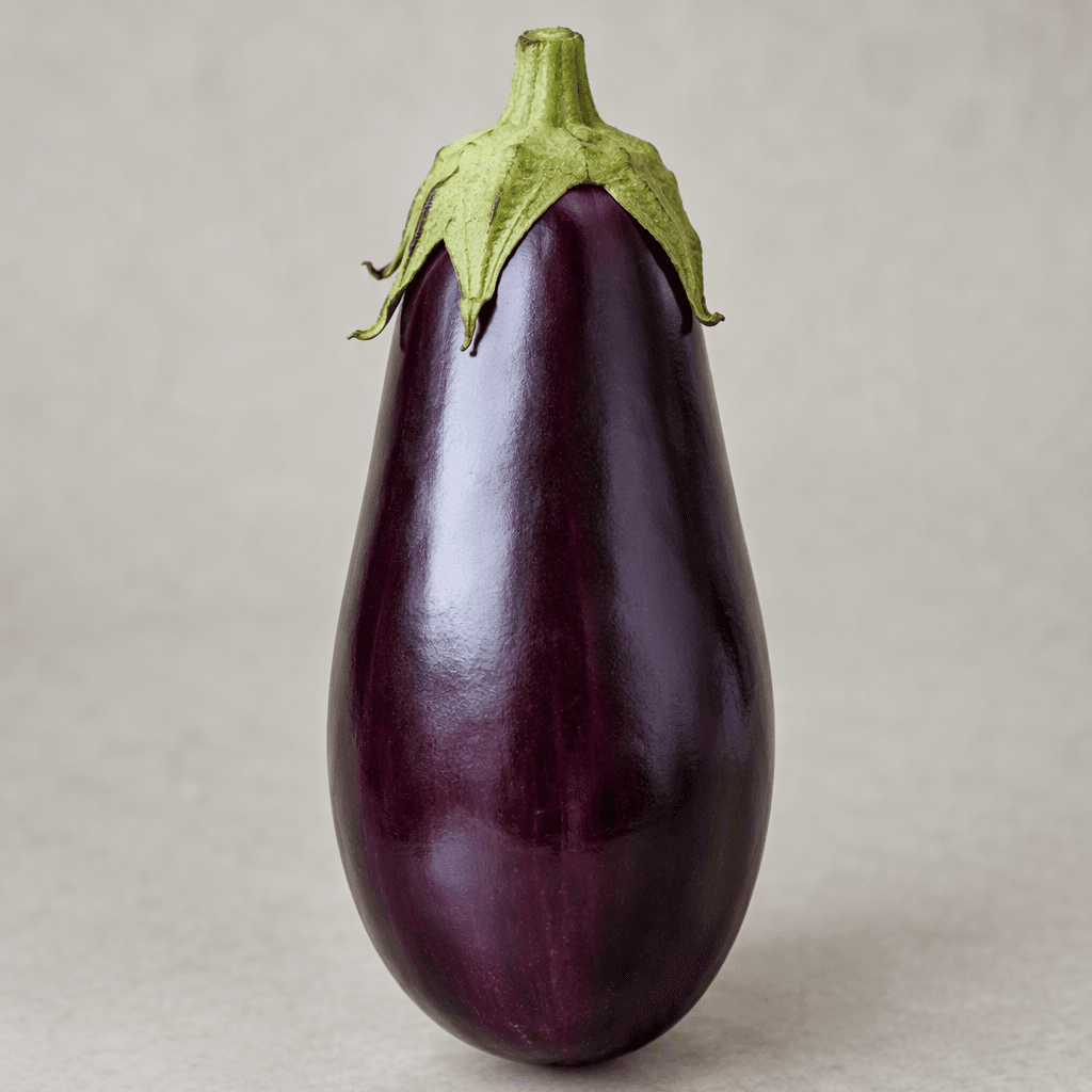 A whole eggplant with smooth, glossy deep-purple skin, an elongated bulbous shape that tapers slightly toward the bottom, and a green leafy calyx at the stem end.
