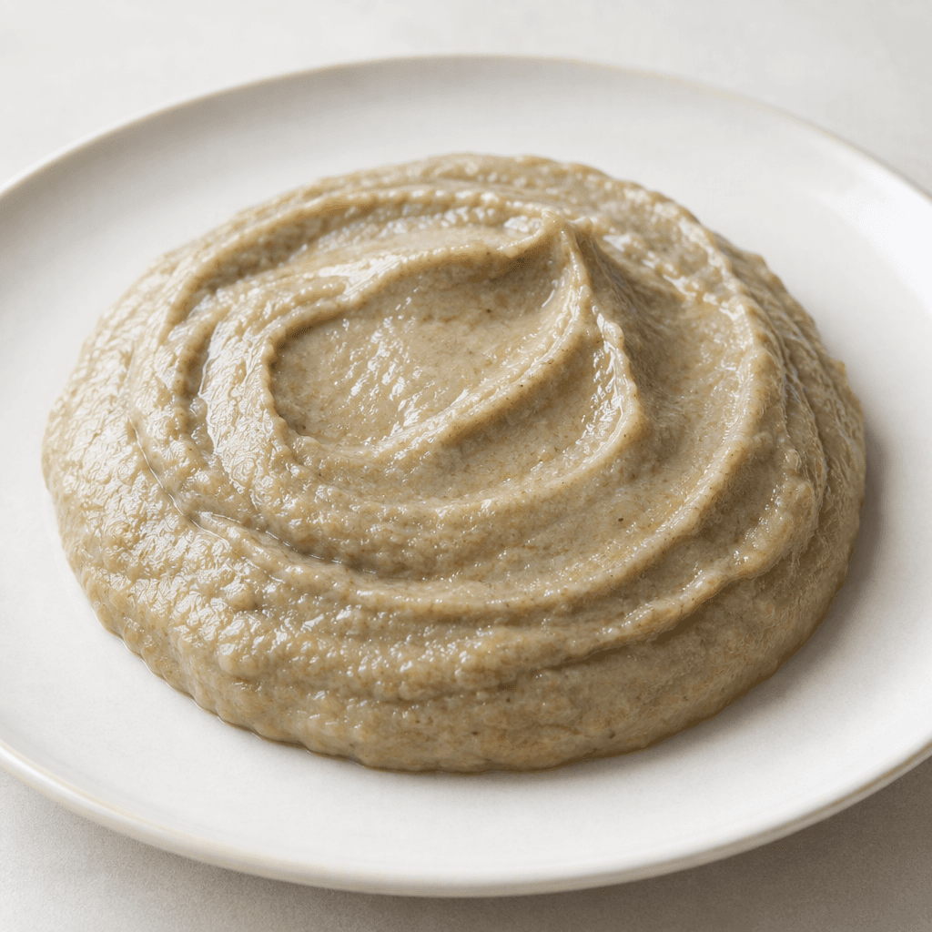 A thick, smooth eggplant purée in a pale beige-gray colour, spread into a soft mound on a plate with a satiny surface and no visible chunks.
