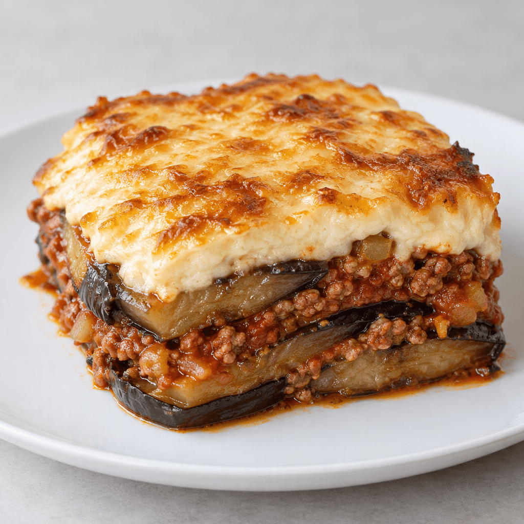 A thick rectangular slice shows soft purple-brown eggplant layered with reddish tomato sauce and minced meat beneath a pale cream béchamel topping browned in golden patches, served on a white plate.