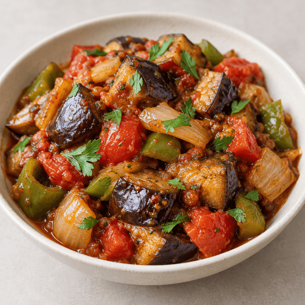Tender chunks of purple-skinned eggplant, red tomato pieces, pale onion and green pepper are coated in a glossy reddish sauce and served in a shallow bowl, with a few green herb leaves scattered on top.