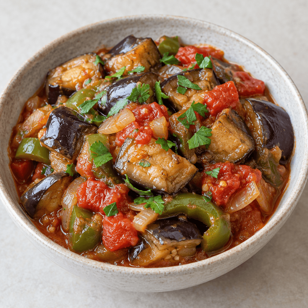 Tender chunks of purple-skinned eggplant sit in a shallow bowl with red tomato pieces, translucent onion, and green pepper in a glossy reddish sauce, with a few green herb leaves scattered on top.