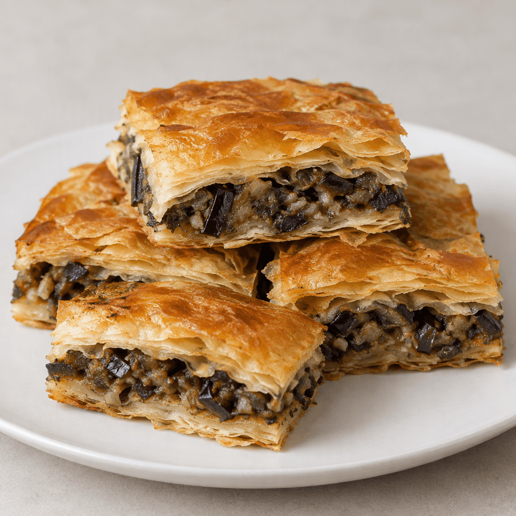 A golden-brown layered pastry cut into neat rectangular pieces, with crisp flaky sheets surrounding a soft, finely chopped dark-purple eggplant filling visible at the cut edges, arranged on a plain serving plate.