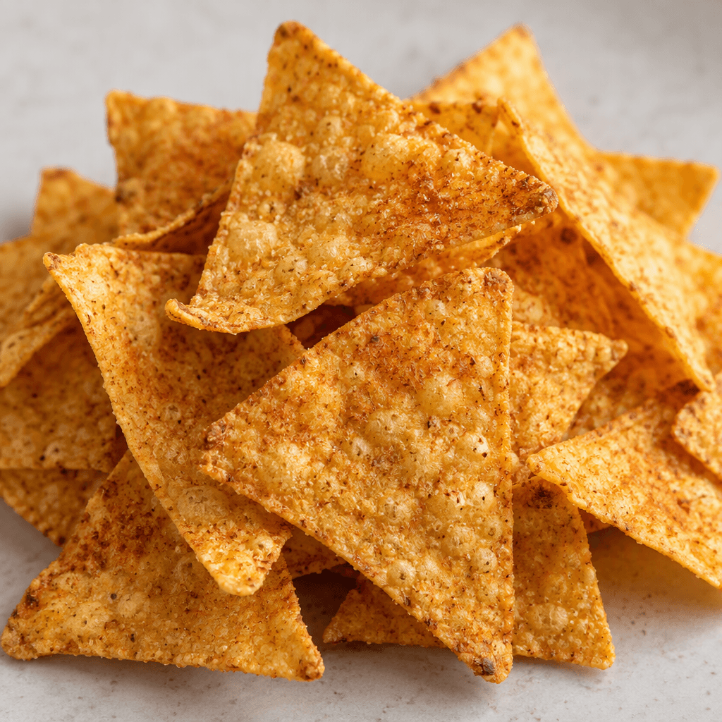 A small pile of thin, crisp golden-yellow corn chips, cut into irregular triangles with lightly bubbled surfaces and a dusting of orange seasoning.