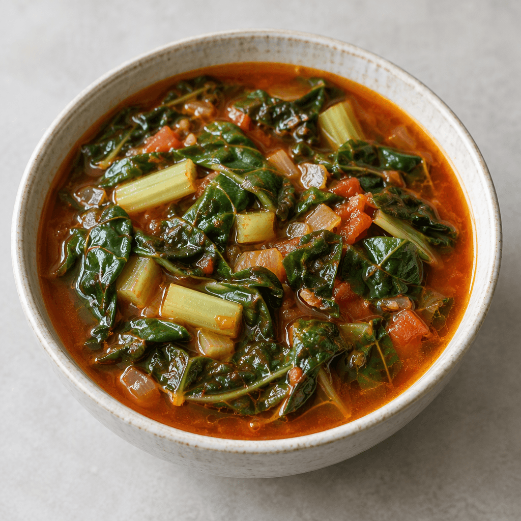 A shallow bowl holds tender chopped Swiss chard leaves and pale green stems in a thick reddish tomato broth, with a slight sheen of oil on the surface.