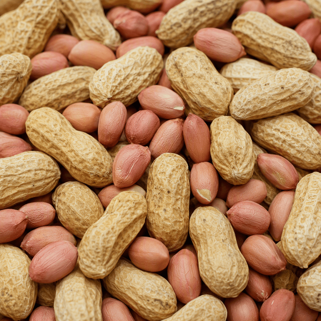 Peanuts are small, oval beige nuts with faint reddish-brown skins, sometimes enclosed in rough, ridged tan shells with rounded ends, shown scattered together.