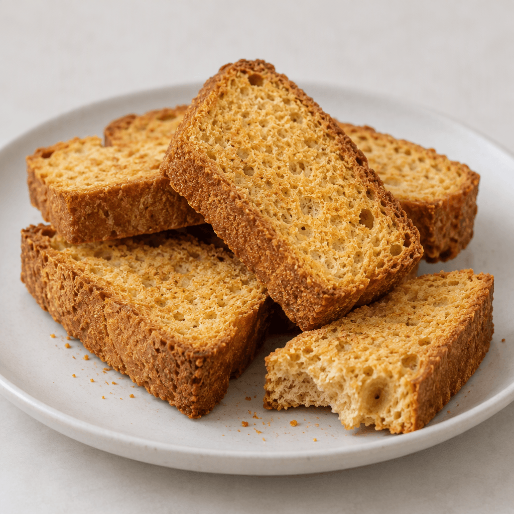 Several dry, crisp rusks with a rough, porous crumb and golden-brown crust are arranged on a plain plate, with their thick rectangular slices and broken edges visible.
