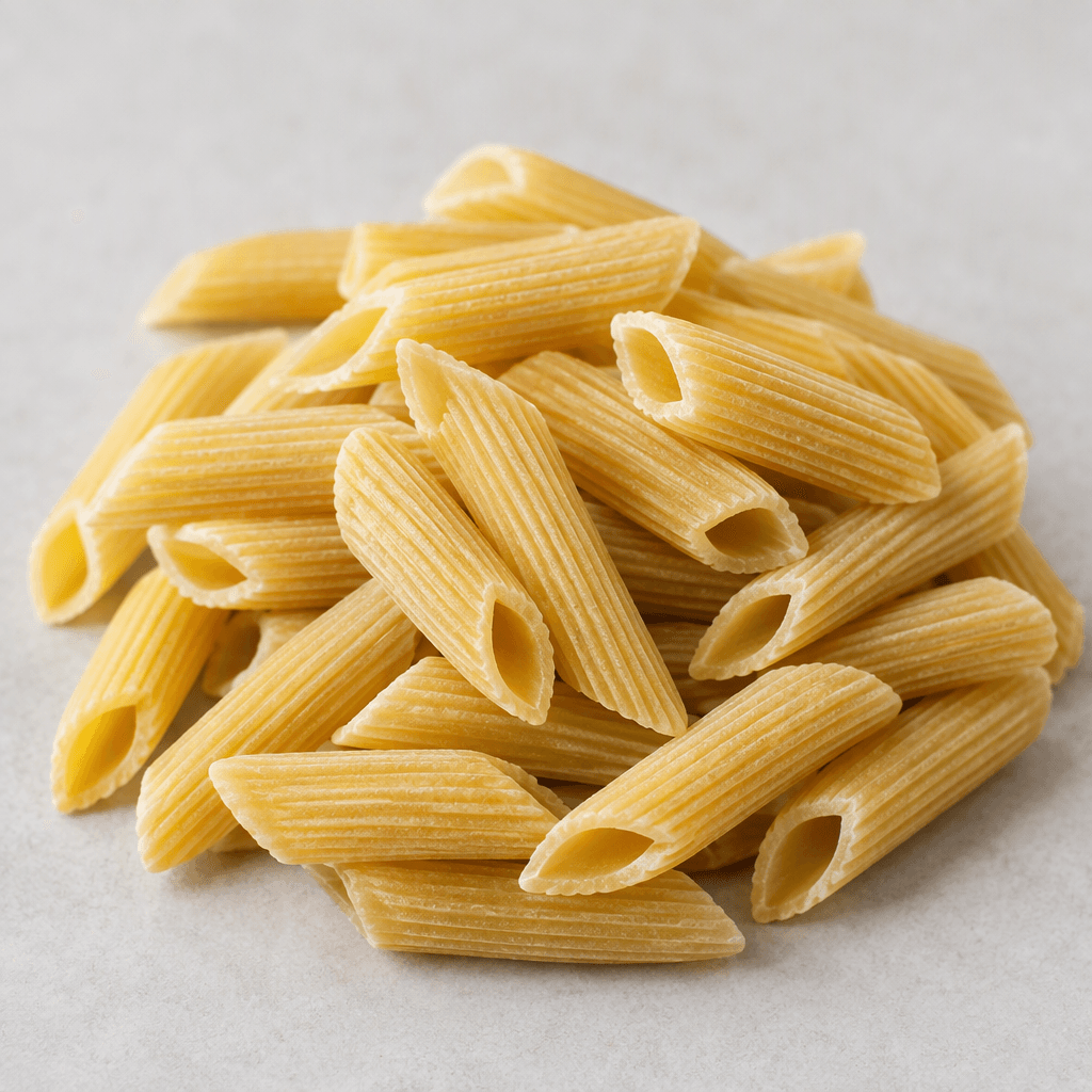 Short, hollow pasta tubes with ridged sides and ends cut diagonally, ranging from pale yellow to golden beige, are arranged in a small pile.
