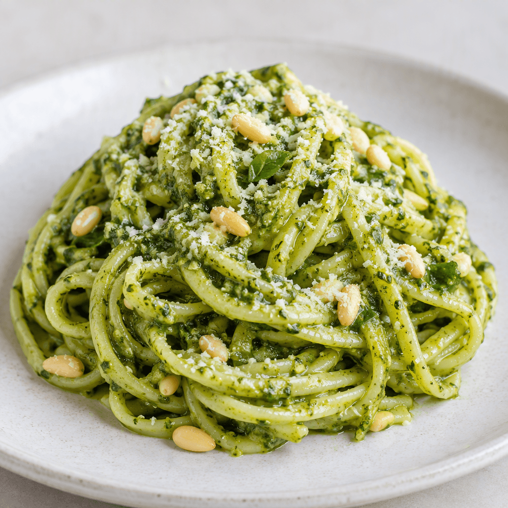 A mound of pasta is coated in glossy bright-green pesto, with visible basil flecks, small pale pine nuts, and a light dusting of finely grated pale cheese, served on a plate.