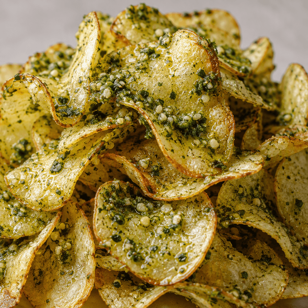 Thin, irregular golden potato chips are piled together, lightly coated in glossy green pesto with visible flecks of herbs and tiny pale bits.