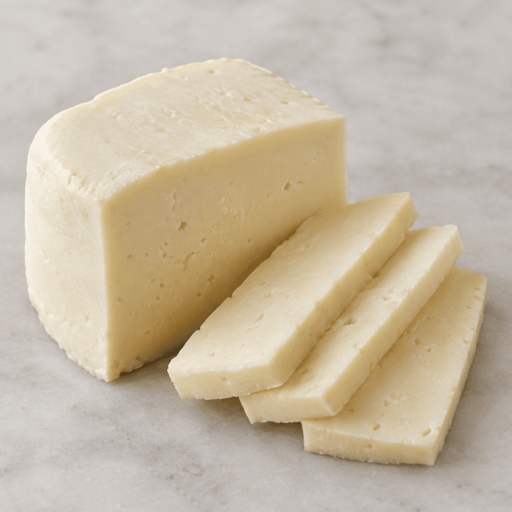 A pale ivory to creamy-white cheese with a smooth or lightly textured surface, presented as a compact block or wedge, with a few clean-cut slices arranged beside it.