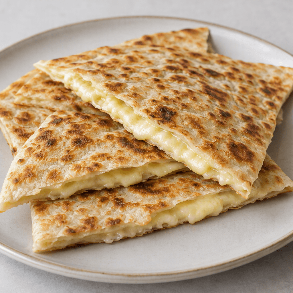 A thin, folded gözleme with a golden-brown, lightly blistered flatbread surface, cut into triangular pieces to reveal a soft, pale straw-yellow melted cheese filling, served overlapping on a plate.