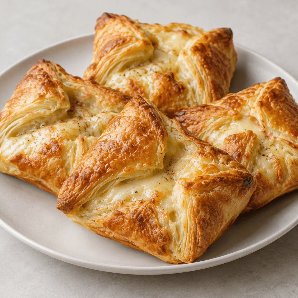 Golden-brown puff pastry with visibly crisp, flaky layers and pale melted cheese showing between the folds, arranged as individual pastries on a plate.
