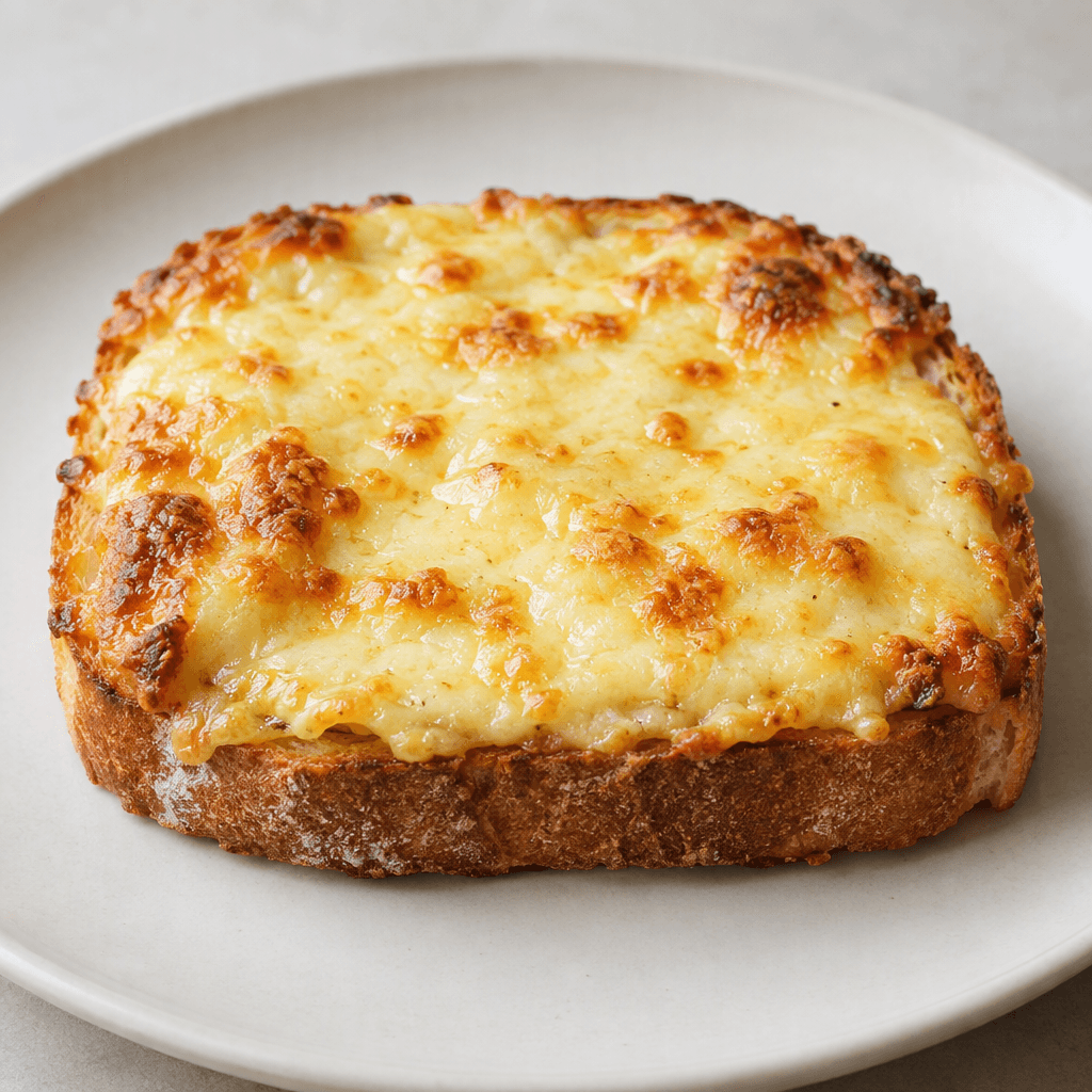 A golden-brown slice of toasted bread topped with a thick layer of pale yellow melted cheese, its surface blistered in places and edges slightly crisp, served on a plain plate.
