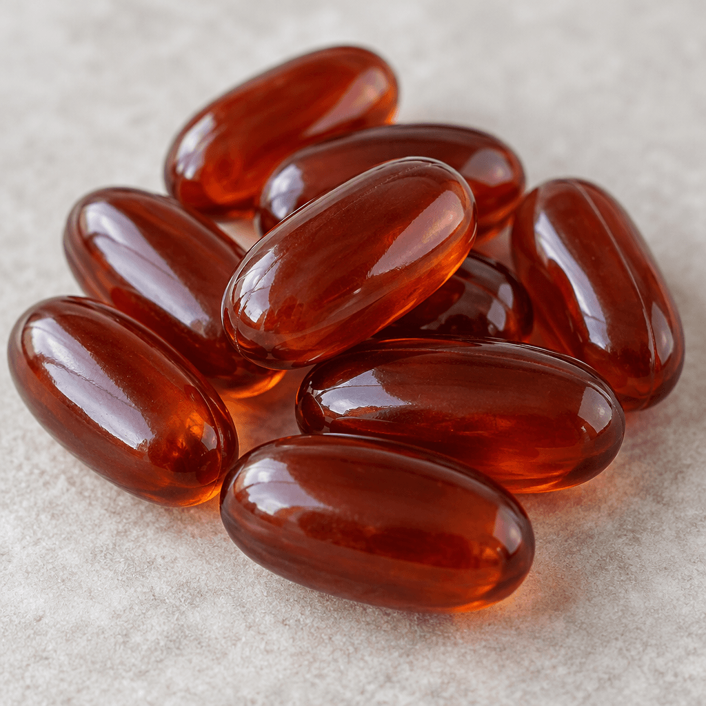 Several smooth, glossy, reddish-brown oval capsules with rounded ends lie together.