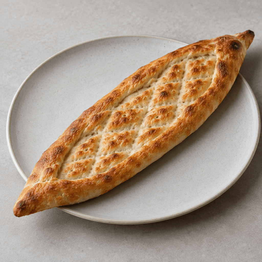 An elongated, oval Turkish flatbread with a lightly blistered golden-brown crust, a soft pale interior, and shallow diamond-shaped scoring across the top, served whole on a plate.