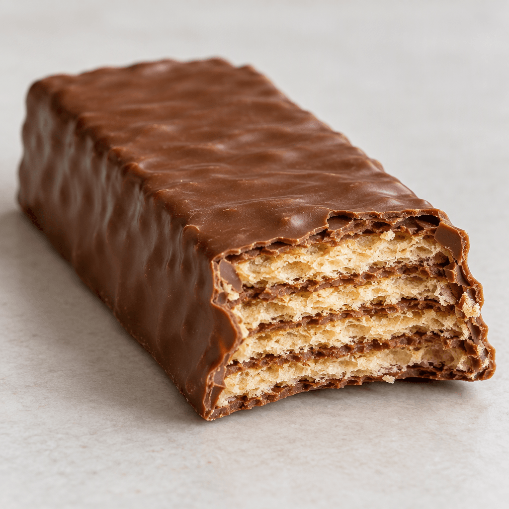 A rectangular wafer bar with a smooth brown chocolate coating and crisp, pale golden wafer layers visible where one end is broken, resting on a plain surface.