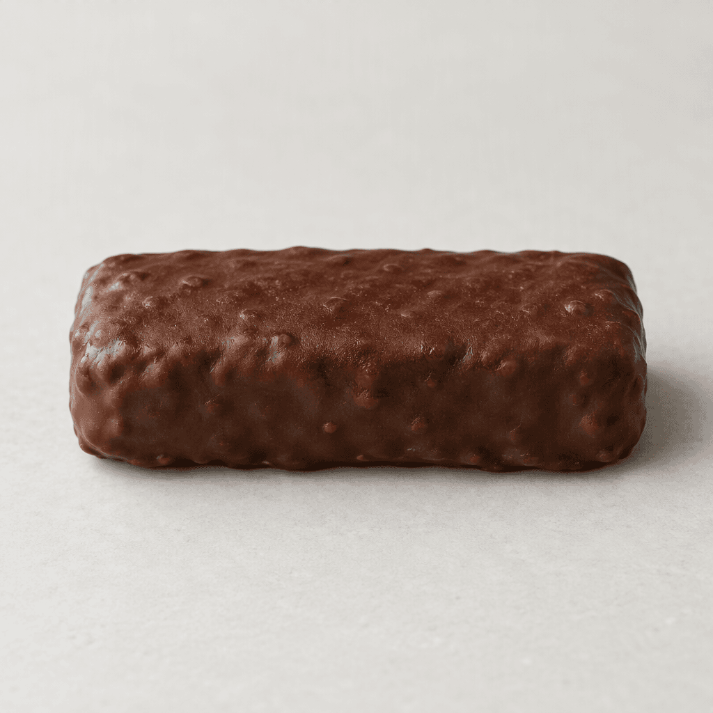 A short, rectangular protein bar with rounded edges and a dark brown, slightly uneven chocolate coating, shown whole on a plain surface.