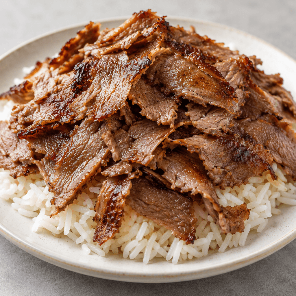 Tabağın ortasındaki beyaz pilavın üzerine ince, kızarmış döner dilimleri serilmiş; etin çıtır kenarları ve pilavın tane tane dokusu belirgin.