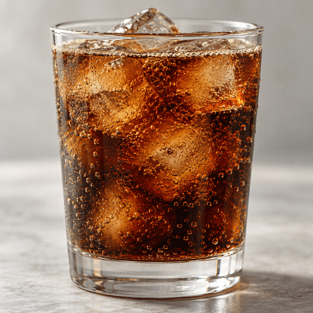A dark brown, translucent carbonated drink sits in a clear glass, with fine bubbles rising through it.