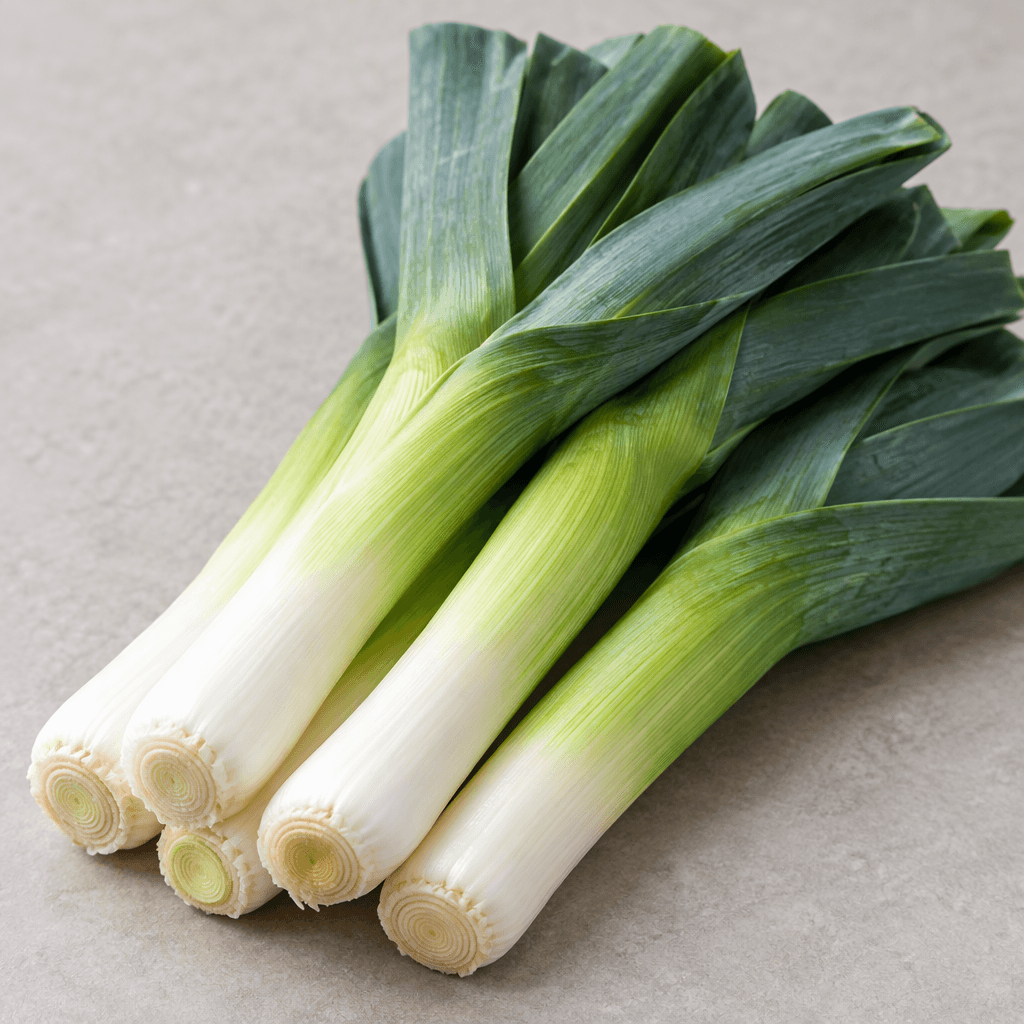Several long, cylindrical leeks lie together, with thick white bases fading into pale green stalks and broad, overlapping dark green leaves, their surfaces smooth and slightly glossy with visible layers at the cut ends.