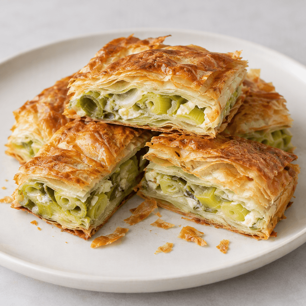 İçi görünen yumuşak yeşil ve beyaz pırasa dilimleriyle doldurulmuş, üzeri altın kahverenginde kat kat hamurdan oluşan börek, düzgün dikdörtgen parçalara kesilerek sade bir servis tabağına dizilmiş; kenarları çıtır ve çevresinde hamur kırıntıları bulunuyor.