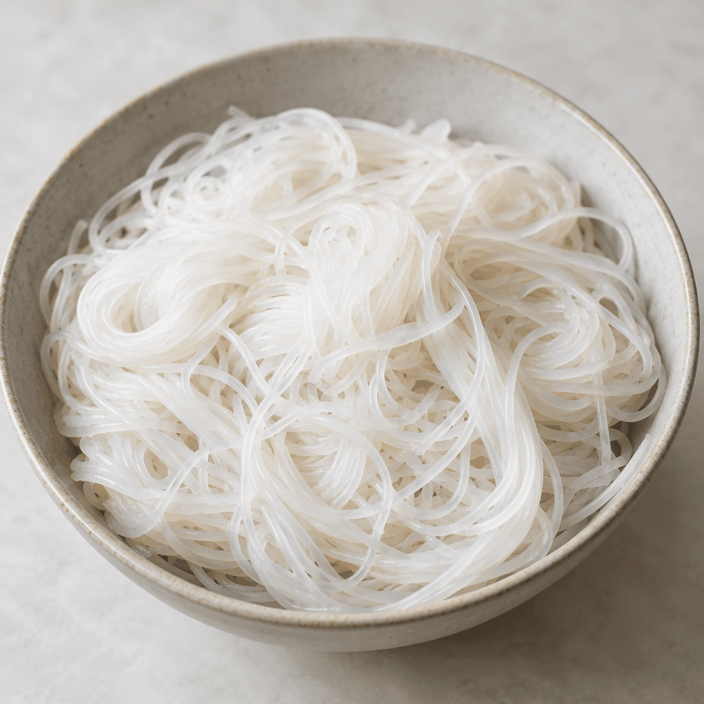 Thin, translucent white rice noodles with a smooth, slightly glossy surface, loosely coiled and layered in a shallow bowl.