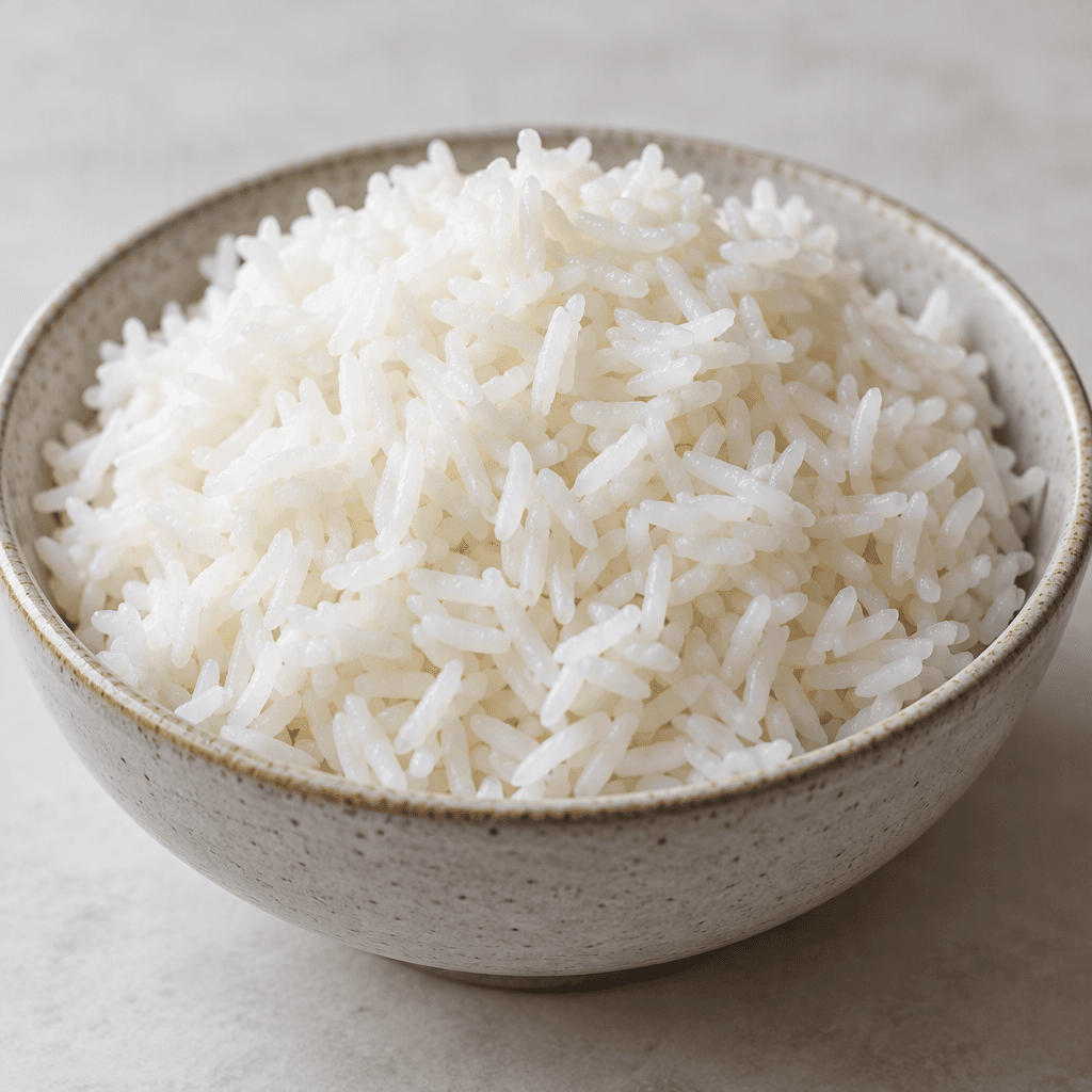 A mound of soft, separate white rice grains fills a shallow bowl, with a faint sheen and an even, fluffy texture.