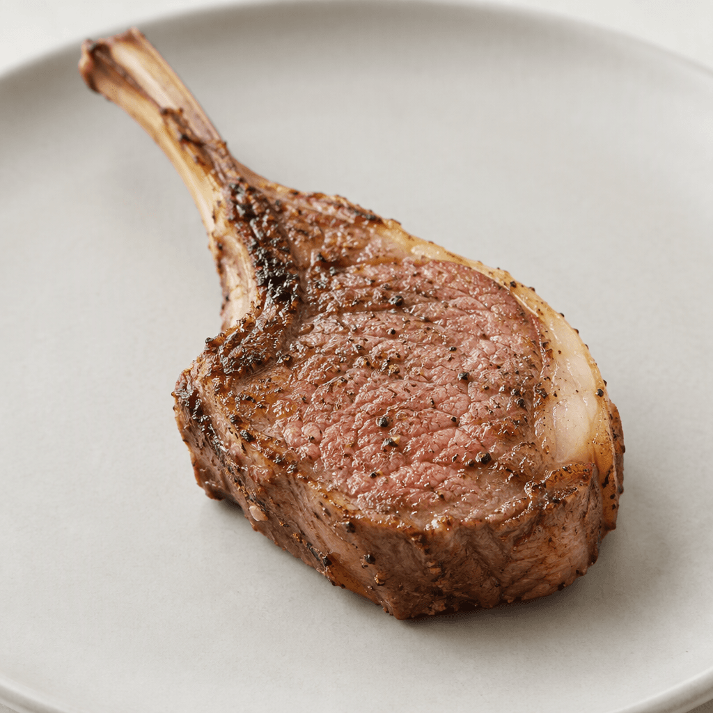 A bone-in lamb chop with a small curved rib bone, a thick pinkish-brown meat section, and a narrow strip of creamy white fat along the edge, shown on a plain plate.