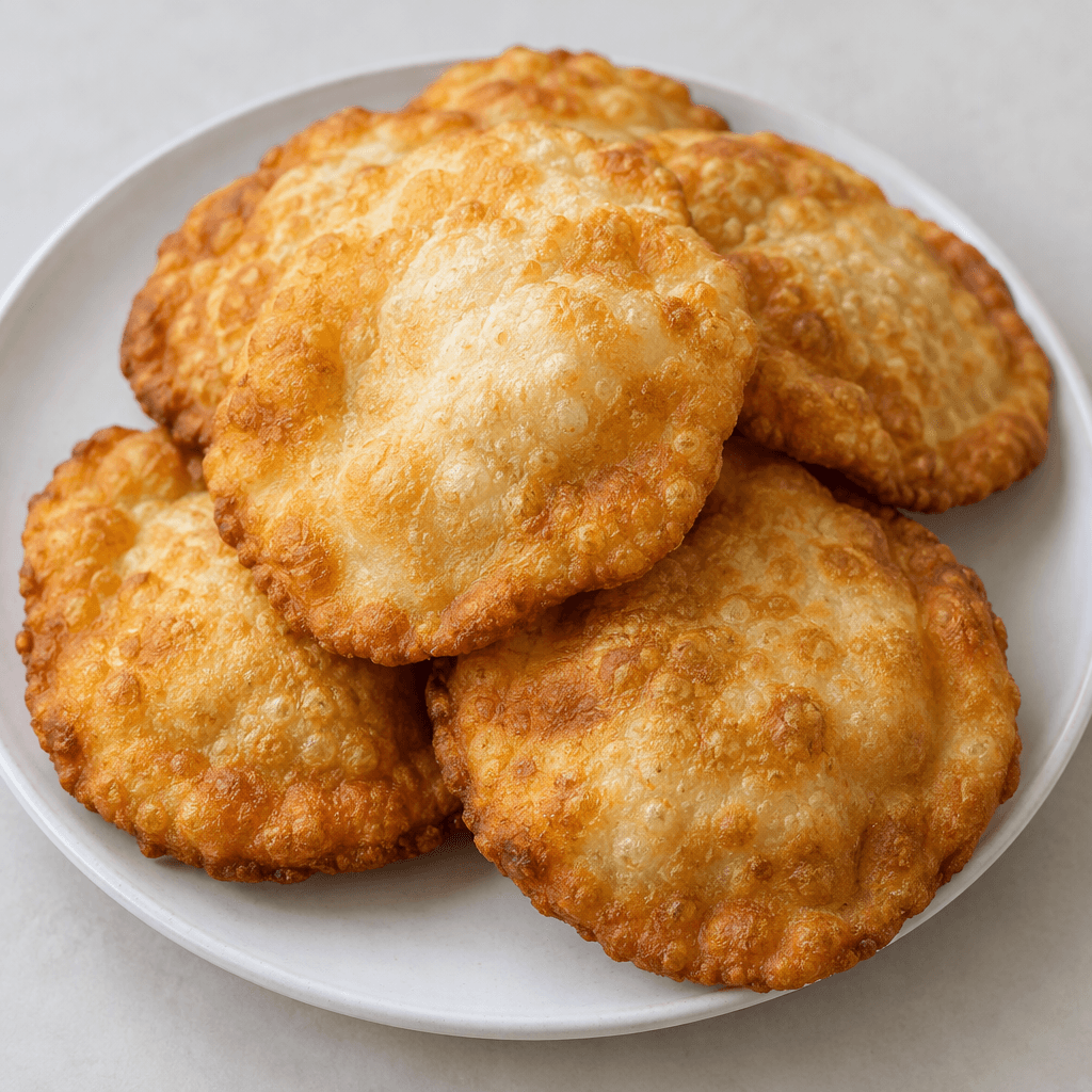Several irregular, round pieces of golden-brown fried dough with puffed centers, blistered crisp surfaces, and slightly darker edges, served overlapping on a plain plate.